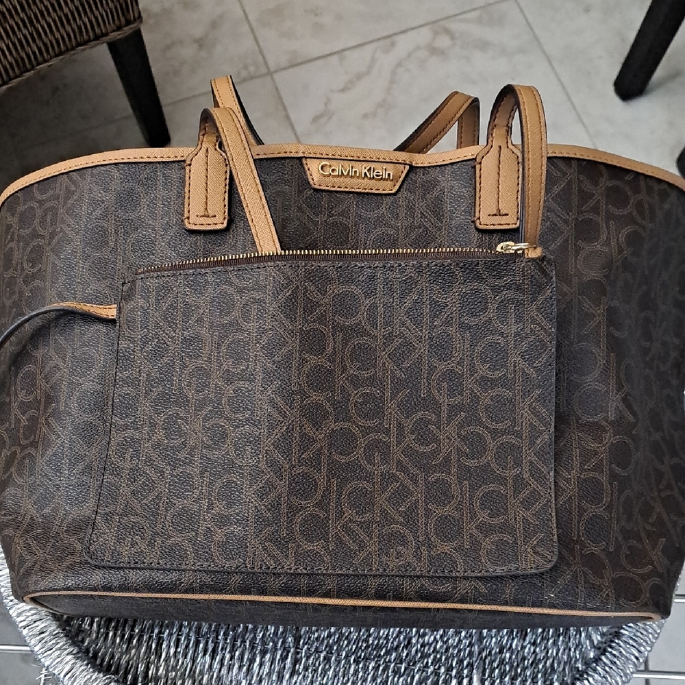 Calvin Klein Dark Brown Monogram Bag with Tan Trim